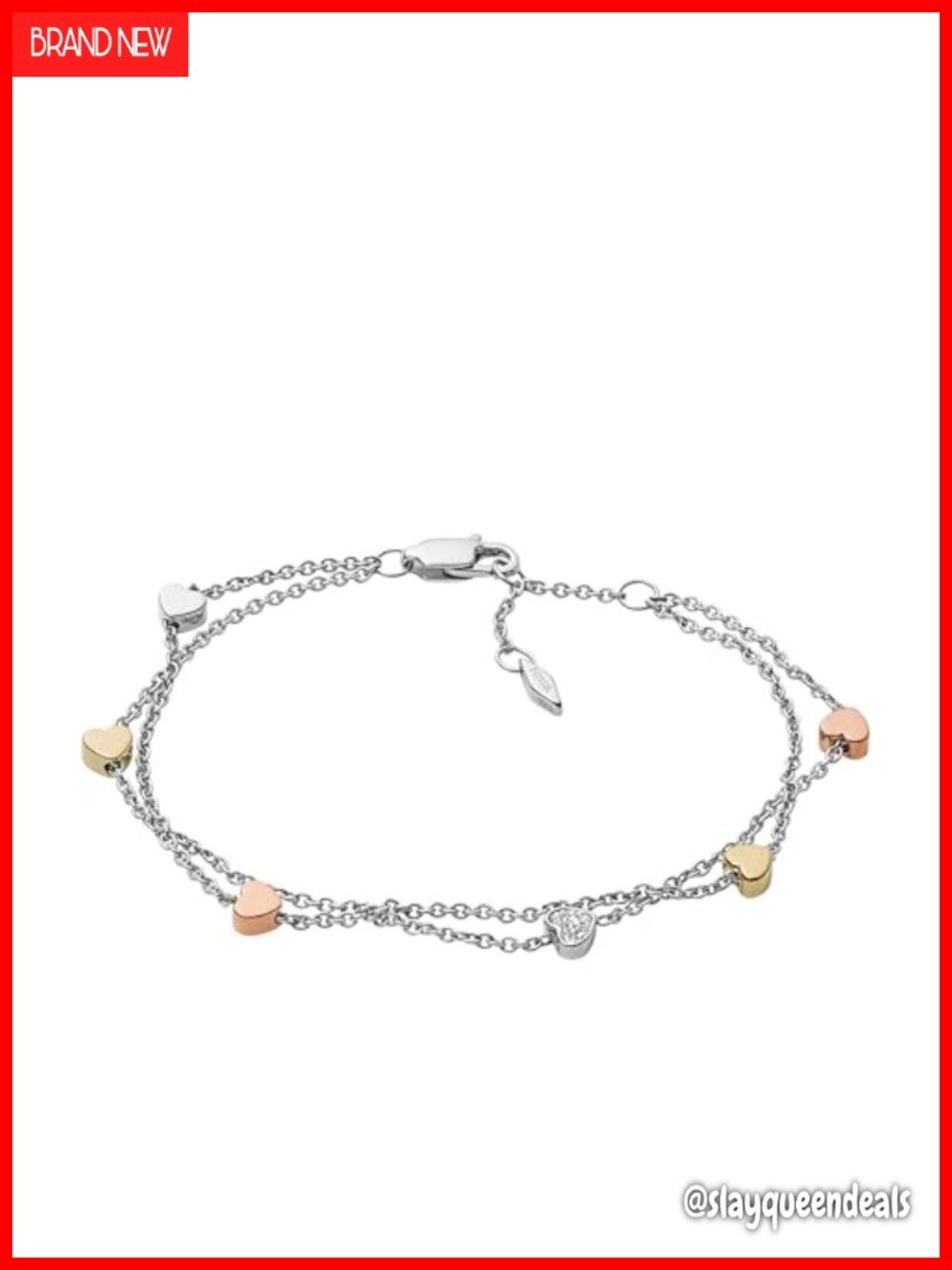Tri-Tone Stainless Steel Heart Charm Bracelet